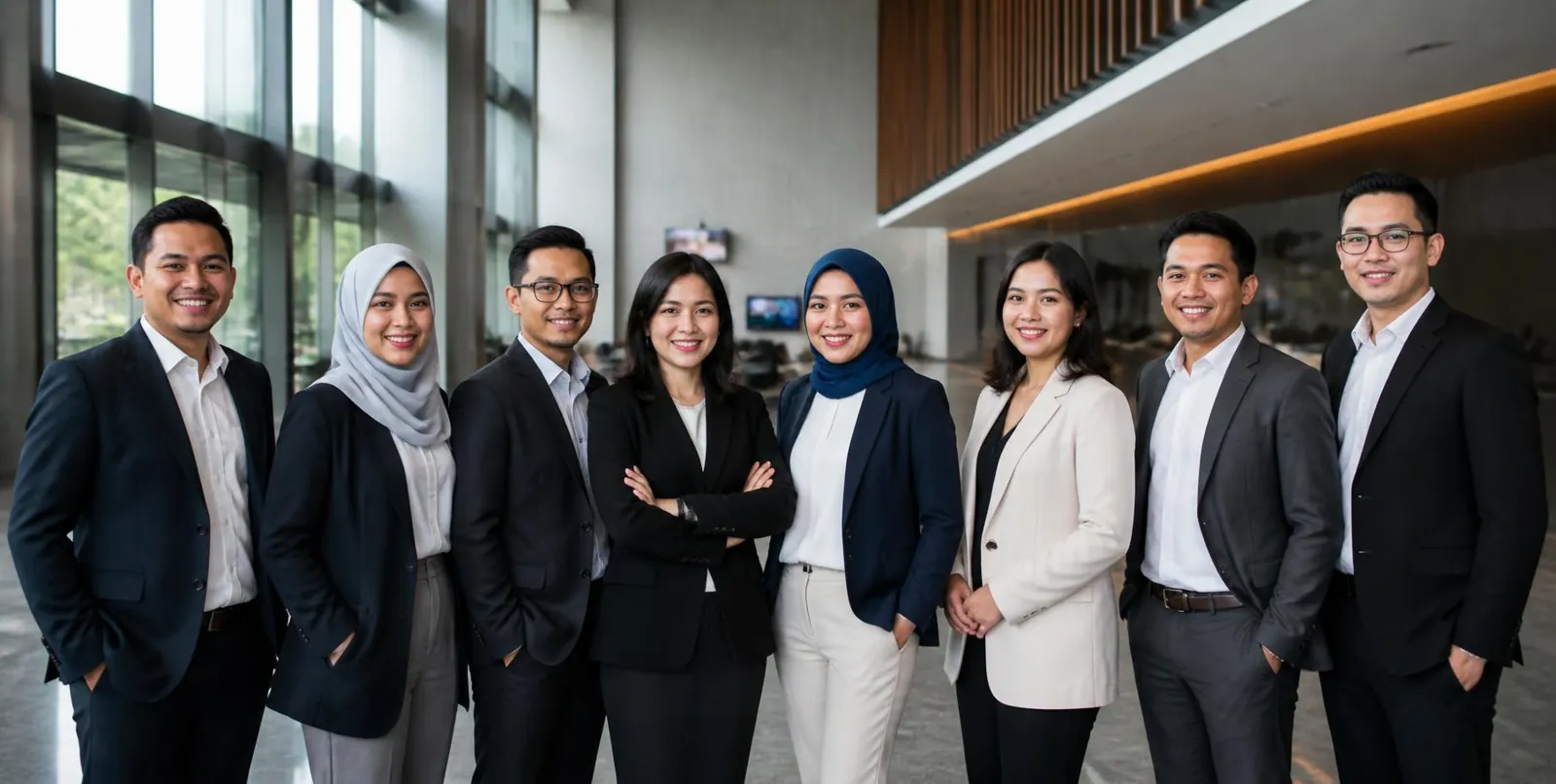Tim profesional Talenta Mulia berdiri bersama di lobi kantor modern
